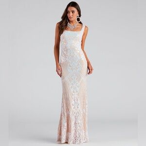 Windsor Formal Nude Mesh Sequin Scroll Mermaid Dress Prom Pageant